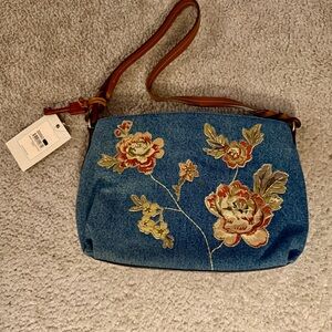 Fossil Denim Havana Floral Embroidered Shoulder Bag NWT small faint spot